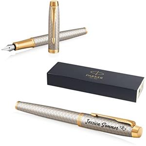 Parker - Penna stilografica IM con confezione regalo, inchiostro blu, elegante, personalizzabile con incisione, ideale per compleanni (argento caldo G.C.)
