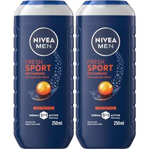 NIVEA MEN Doccia Shampoo Fresh Sport 250 ml, Docciaschiuma uomo 3 in 1 per viso, corpo e capelli, Bagnoschiuma uomo con Elettroliti, Profumo rinfrescante, pH neutro, Tutti i tipi di pelle