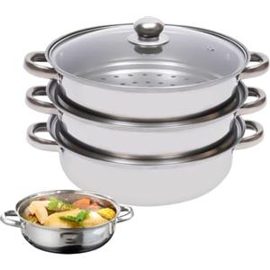 Generic Set per cottura a vapore, coperchio in da 28 cm, multifunzione, pentola a vapore da cucina a 3 livelli in acciaio, impilabile, per cottura a induzione per la preparazione di pasti in