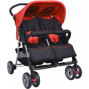 vidaXL Passeggino Gemellare in Acciaio Rosso e Nero Carrozzina Tandem Bambini