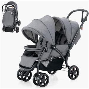 LIFEZEAL Passeggino Gemellare, Doppio, Carrozzina per Bambini, Passeggino da Viaggio, Leggero, Pieghevole, Compatto, Regolabile, Portatile, Reclinabile, Comodo, Max 30 kg, 123x57x95-110 cm (grigio)