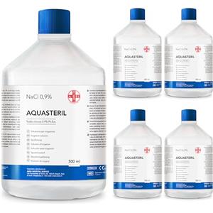 AIESI® Soluzione fisiologica salina (5x500 ml) per lavaggi nasali, aerosol e irrigazione con tappo richiudibile AQUASTERIL, Sodio cloruro 0,9% per cassetta pronto soccorso