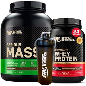 Optimum Nutrition Gold Standard 100% Whey Proteine Polvere con Aminoacidi Cioccolato al Latte 768g 24 Porzioni + Serious Mass Proteine Whey con Creatina Cioccolato 2,73Kg 8 Porzioni + SHAKER