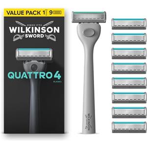 Wilkinson Sword Quattro, rasoio da uomo, formato convenienza, 4 lame rivestite in diamante, manico + 9 ricariche