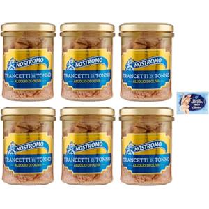 Felce Azzurra 6x Nostromo Trancetti di Tonno all'Olio di Oliva,Pesce in Scatola,Barattolo Vetro da 180g + 1 Confezione di Talco Felce Azzurra in omaggio, Busta da 100g