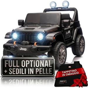 TOYSCAR Auto Elettrica per Bambini Jeep Wrangler Rubicon 2026 12V Fuoristrada Full Optional con TAPPETINI 2 Posti SEDILI in Pelle Porte Apribili Doppio Motore (Nero)