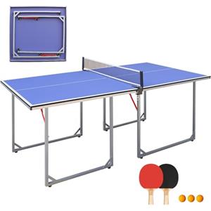 GYMFLEX Tavolo da ping pong pieghevole, di medie dimensioni, tavolo da ping pong multifunzione, rete inclusa, 2 racchette da ping pong e 3 palline con piano blu e gambe argentate