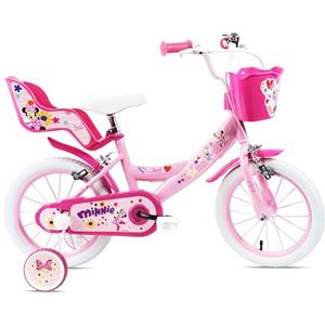 Denver Bike Bicicletta Bambina 14 Pollici Licensed Minnie, 3-5 Anni, Rotelle Removibili, Freni Caliper Anteriore/Posteriore, Telaio Acciaio, Ruote Gonfiabili, Trombetta e Portabambola