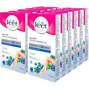 Veet Easy Gel Strisce Depilatorie Corpo e Gambe Per Pelli Sensibili Pelle Liscia Fino a 28 Giorni Azione Esfoliante Idratante con Salviette Post Epilazione - 12 Confezioni da 16 Strisce e 2 Salviette