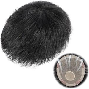 SQSZJBJMK Parrucca nera corta da uomo, sistema di sostituzione del toupet con veri capelli umani naturali con clip per uomo da indossare ogni giorno(Hair length,16 * 18cm)