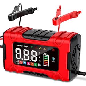 Pohicoo 10A Carica Batteria per Auto, 12V/24V Caricabatterie Mantenitore con Modalità di Riparazione e Carica di Mantenimento per Auto, Moto e Camion, Batterie AGM, GEL, Wet, SLA e LiFePO4