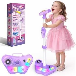 Dislocati Microfono per Bambini con Supporto Regolabile, 2 Microfoni con Luci LED, Altoparlante Portatile con Luci Sfarfallanti, Giocattolo Musicale per Bambina Bambino 3+ Anni (Viola)