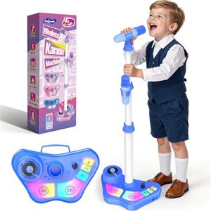 Dislocati Microfono per Bambini con Supporto Regalo 3+ Anni - Microfono doppio con Luci LED, Altoparlante Bluetooth portatile, Altezza regolabile 47-108 cm, Ingresso TF/USB/AUX - Blu
