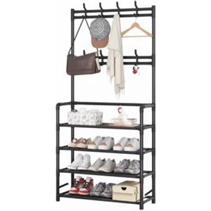 Generico Appendiabiti con Scarpiera 60x26x152 cm, Guardaroba Salvaspazio in Metallo ,gancio plastica ,ripiani in telaio con 4 Ripiani , Stand Porta Giacche e Scarpe per Ingresso, Corridoio, Camera da Letto