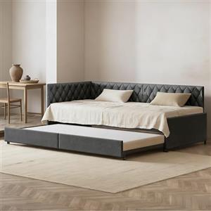 FOERPL Divano Letto Convertibile 90 x 200 cm, Letto Matrimoniale o Singolo Estraibile, Telaio Letto Allungabile, Imbottito in Velluto, Grigio/Beige