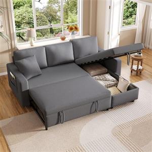 Azkoeesy Divano Angolare a 3 Posti con Letto Estraibile 220 cm, Chaise Longue Reversibile con Contenitore, 2 Cuscini e Tasche Laterali, Rivestimento in Lino, Colore Grigio