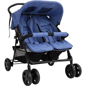 vidaXL Passeggino Gemellare Blu Marino in Acciaio