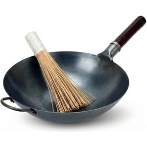 KAAMUT Wok professionale in acciaio al carbonio blu martellato a mano - 36 cm - fondo rotondo - pre-stagionato - manico in legno e acciaio - spazzola per wok in bambù inclusa - qualità professionale - KAAMUT