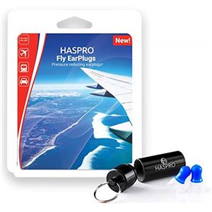 Haspro - Tappi per le orecchie da viaggio con riduzione della pressione, 2 pezzi di tappi per le orecchie riutilizzabili in silicone per aereo con custodia in alluminio