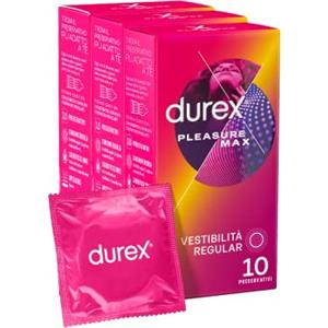 Durex PleasureMax Preservativi Con Rilievi e Nervature (56 mm) - 30 Profilattici (3 confezioni da 10pz), Vestibilità Regular