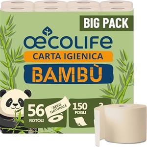 œcolife Carta igienica in bambù, 3 strati, 56 x 150 fogli per rotolo, super morbida, vegana, carta igienica sostenibile, confezione da 60% PCR (56 rotoli)