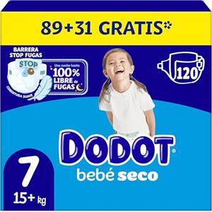 Dodot Bambino Asciutto Pannolini Taglia 7, 120 Pannolini, 15kg-24kg, Una Notte Fino al 100% Senza Perdite