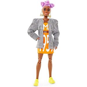 Barbie- BMR1959 Bambola Afroamericana Snodata con Capelli Viola, Giacca e Vestitino, Giocattolo per Bambini 3+Anni, GNC46