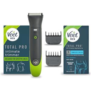 Veet Men Intimate Trimmer TOTAL PROTM, Rasoio elettrico uomo corpo e parti intime, 1 testina per zona intima e corpo e 2 pettini guida, Rifinitura precisa, Cordless+ Intimate Kit