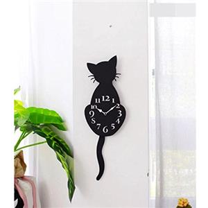 Gusspower Orologio creativo da parete a forma di gatto, per la cameretta dei bambini, impermeabile, in acrilico, con coda mobile, acrilico, Nero B