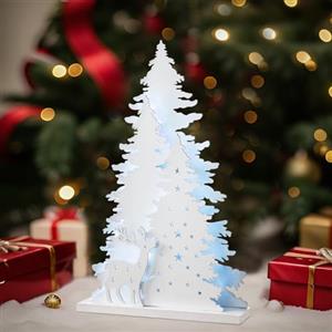Lergas Decorazione natalizia a LED, in legno, con albero di Natale e renna, paesaggio invernale, funzionamento a batteria, per decorazioni natalizie, interni, decorazione da tavolo e finestra (luce bianca)