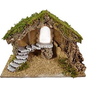Generico Capanna Presepe Vuota Grande con Finestra ad Arco, SCALINATA in Roccia, Tetto in Sughero e Muschio per Natività, 50 x 26 x h. 33 cm Sacra Famiglia, Pastori, Re Magi