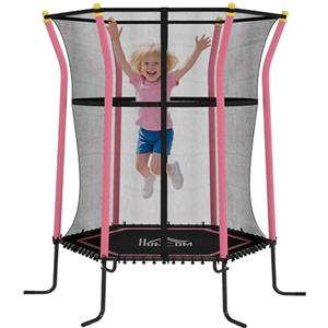 HOMCOM Trampolino Elastico per Bambini 3-10 Anni con Ingresso a Cerniera e Pali Imbottiti, Tappeto Elastico in Acciaio, PP e EPE, Ø163.5x190 cm, Rosa