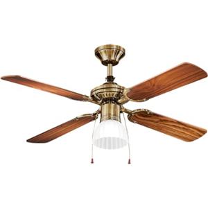 Perenz Ventilatore da soffitto con luce in metallo colore ottone brunito 4 pale Ø 105 x H. 42 Kit luce vetro satinato Ø 15cm 1xE27 Max 60W Potenza motore 22W-45W Comandato a catenelle Telecomando ordinabile Lampadario con pale Reversibile PERENZ 7064OB
