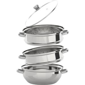 Dekltus Set di 3 pentole a vapore, pentola a vapore, 28 cm, con manici robusti, pentola a pressione con coperchio in vetro per fornelli a induzione, fornello elettrico, fornello a gas