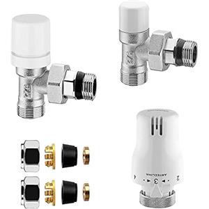 Inbagno Valvola e detentore per termoarredo in acciaio cromo con tappo bianco, attacchi standard G ½", INCLUDE testa termostatica e raccordi per rame o multistrato