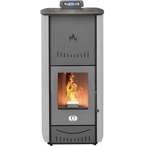STUFE A PELLET ITALIA New York 24 Kw - Stufa a Pellet Idro Produce Calore e Acqua Calda Efficienza 92% Scalda 180m² Autonomia 22H Programmabile Garanzia 24 Mesi Grigio