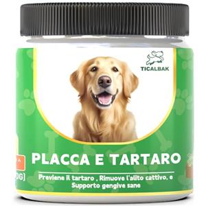 TICALBAK Cane Placca e Tartaro, Polvere Denti Cane Appetibile, Integratore Naturale Formulato in Italy Migliora l'Alito Cane, Polvere Denti Cane e Gatto con Alga Ascophyllum, Puliza Denti Cane (100g)