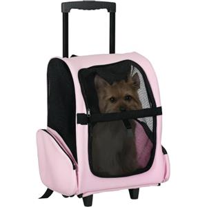 PawHut Trasportino Zaino 2 in 1 Cani/Gatti con Ruote 42x25x55cm Rosa | Tasche Laterali, Maniglia Telescopica