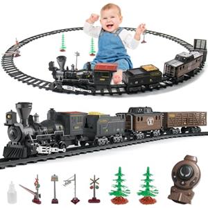 fisca RC, set di treni a vapore, giocattolo con locomotiva a vapore, 3 treni merci, rumore e luce e spray d'acqua, 2,4 GHz, telecomando per treno ferroviario, set per ragazzi e ragazze