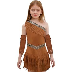 MSemis Costume Indigena Bambina Abito da Principessa Nativa Americana Monospalla Costume da Cowgirl Texana Hippie Costumi Carnevale Feste di Halloween Compleanni Party