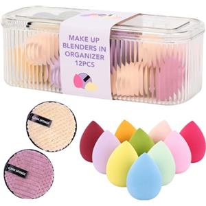 Generico Pack 10 Spugnette Trucco + 2 Spugne Disco Struccanti, Vegane Senza Lattice, con Scatola Portaoggetti, per Fondotinta, Cosmetici Bellezza, Cipria, Contenitore con Coperchio in Plastica Trasparente