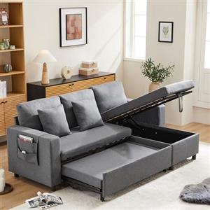 HOXINBLY Divano Letto 3 Posti con Penisola, Divano Angolare 3 Posti Forma di L, Letto Matrimoniale con Materasso, Divan con Braccioli e Vano Portaoggetti, Sinistra e destra intercambiabile