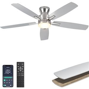Ohniyou Ventilatore da soffitto a basso profilo da 52 pollici con luce, telecomando/APP, luce regolabile, ventilatore da soffitto a montaggio a incasso moderno per camera da letto, soggiorno, argento