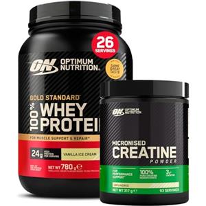 Optimum Nutrition Gold Standard 100% Whey Proteine in Polvere e Aminoacidi Gelato alla Vaniglia 780g 26 Porzioni + Micronised Creatine Monohydrate Performance Non Aromatizzata 317g 93 Porzioni