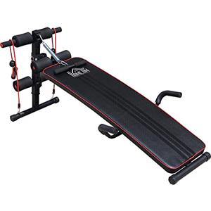 HOMCOM Panca per Addominali a Casa Regolabile, Panca Addominali Inclinazione con Vogatore a molla e 2 Corde Elastiche, 55.5 x 137.5 cm Nero
