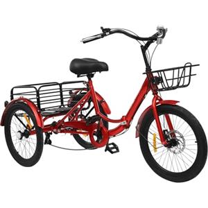 KKVUIIFF - Triciclo pieghevole da 20 pollici, triciclo per adulti, a 7 marce, con cestello, per shopping, gite e allenamento (rosso)