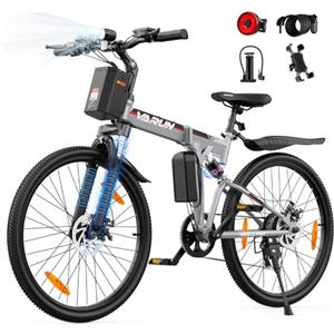 VARUN Bici Elettrica Pieghevole da 26'', Bicicletta Elettrica da 48V 374,4Wh Batteria Rimovibile, Autonomia di 70 km E Bike, Sospensione Completa, 7 Velocità MTB Elettrica Adatto a Tutti i Terreni