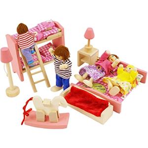 DAGLLGEW Set di mobili per casa delle bambole in legno Il set di mobili per casa delle bambole in legno scala 1:12 include letto a castello con scala, sedia a dondolo e cavallo, seggiolone e culla fai da t