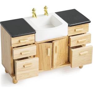 Odoria Casa delle Bambole Mobile Lavandino: 1/12 Scala Miniatura Armadio Cassettiera con Lavello per Bagno Moderno - Mini Mobili Legno con Cassetto