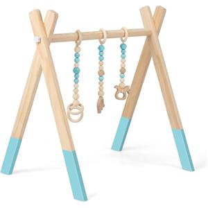 GYMAX Palestrina Legno per Neonati 3+ Mesi Pieghevole, 3 Giocattoli Sensoriali Sospesi, Arco Gioco Giocattolo Attivo per Cameretta, Allenamenti di Corpo, 60 x 44 x 60 cm (Verde)